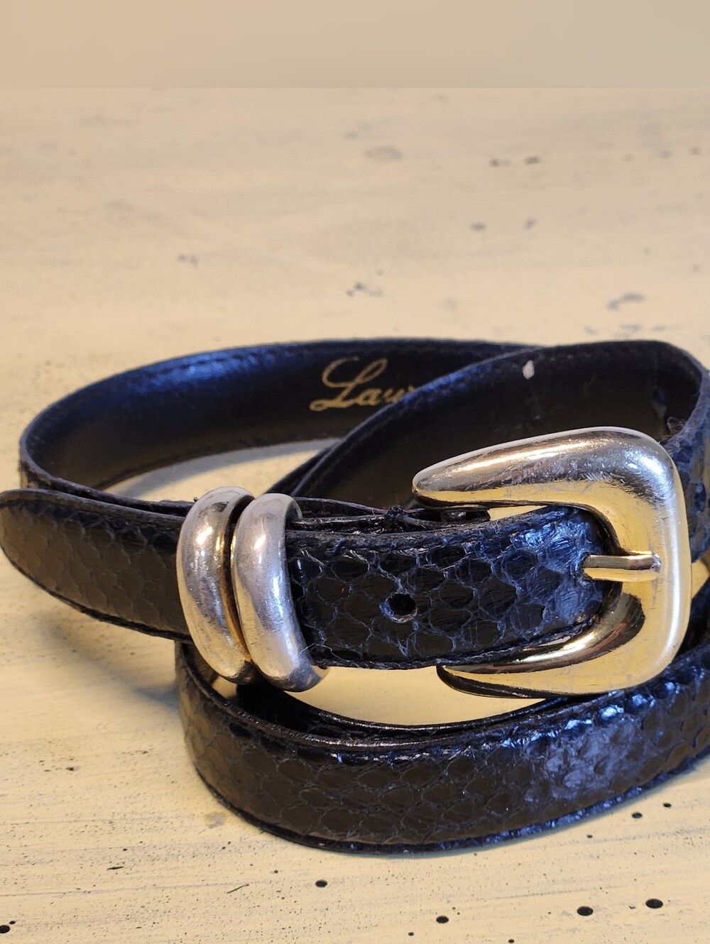 Vintage Laura Gail Genuine Snakeskin Belt Black Mixed Metal Buckle Size L